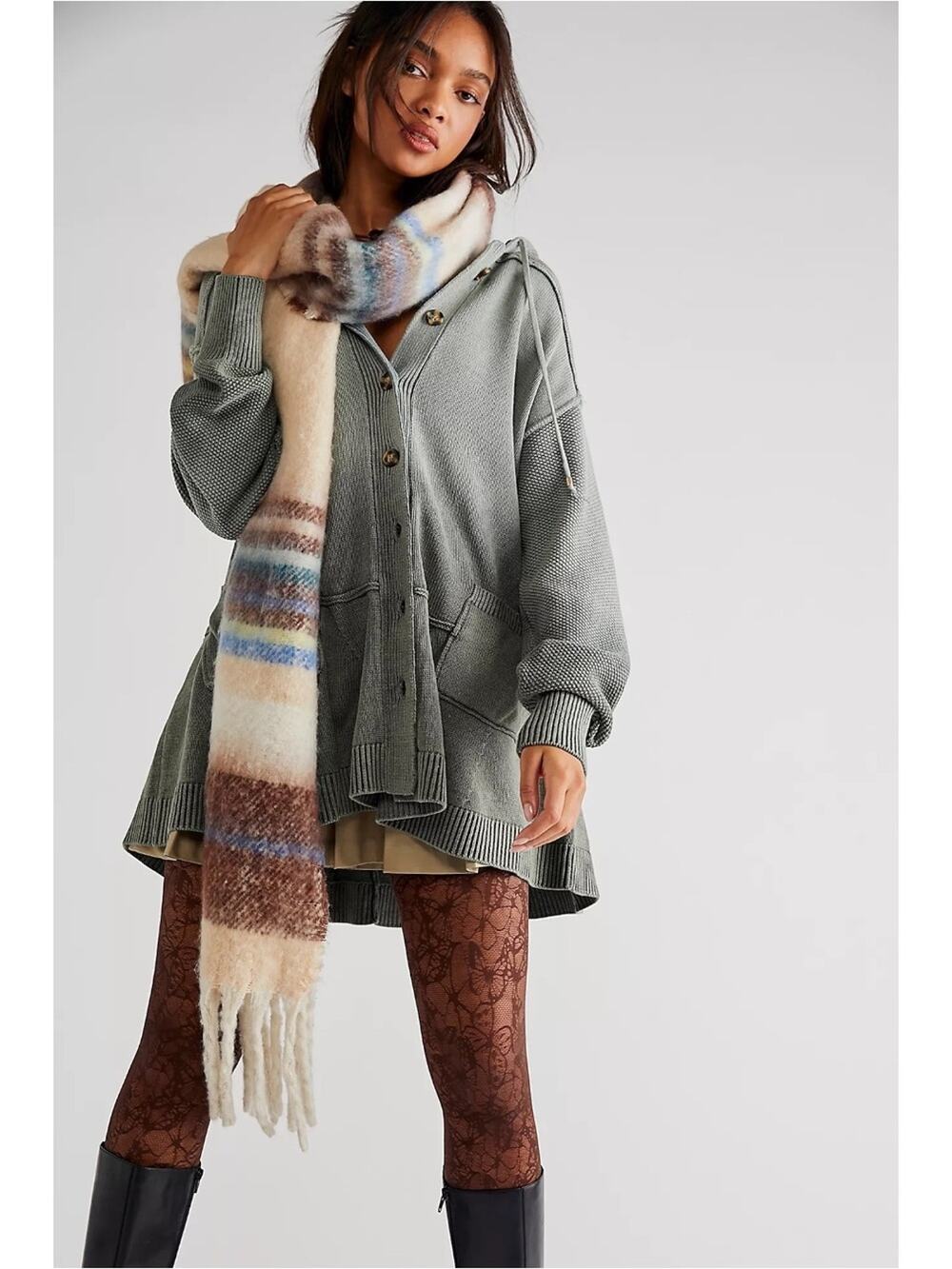 Free People Bohemian Oversized Hoodie Cardigan Sweater Swing Tunic Jade Medium